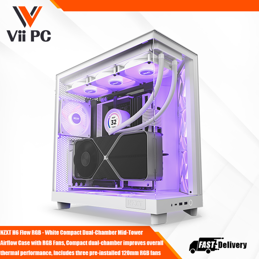 NZXT H6 Flow RGB - White Compact Dual-Chamber Mid-Tower Airflow Case with RGB Fans, Compact dual-chamber design improves overall thermal performance, Includes three pre-installed 120mm RGB fans positioned at an ideal angle