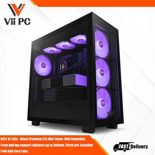 NZXT H7 Elite - Black Premium ATX Mid-Tower, RGB Controller, Front and top support radiators up to 360mm, Three pre-installed F140 RGB Core Fans