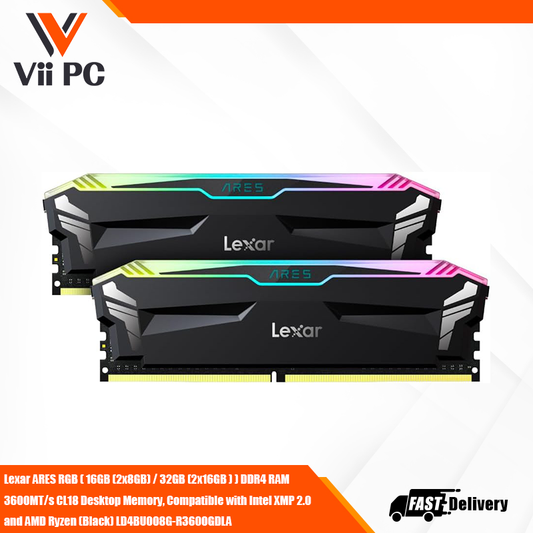 Lexar ARES RGB ( 16GB (2x8GB) / 32GB (2x16GB ) DDR4 RAM 3600MT/s CL18 Desktop Memory, Compatible with Intel XMP 2.0 and AMD Ryzen (Black) LD4BU008G-R3600GDLA