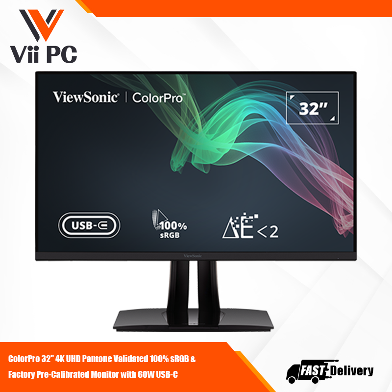ViewSonic VP3256-4K 32" IPS 4K Monitor with Ultra-Thin Bezels, Color Accuracy, Pantone Validated, HDMI, DisplayPort and USB-C with 60W high-speed charging, for Professional, Home and Office