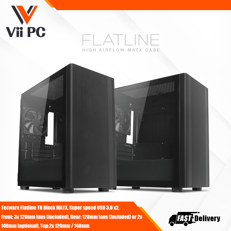 Tecware Flatline TG Black MATX, Super speed USB 3.0 x2, Front: 3x 120mm fans (included), Rear: 120mm fans (Included) or 2x 140mm (optional), Top:2x 120mm / 140mm