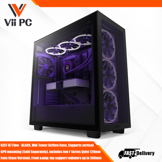 NZXT H7 Flow - BLACK, Mid-Tower Airflow Case, Supports vertical GPU mounting (Sold Separately), Includes two F Series Quiet 120mm Fans (Case Version), Front top support radiators up to 360mm