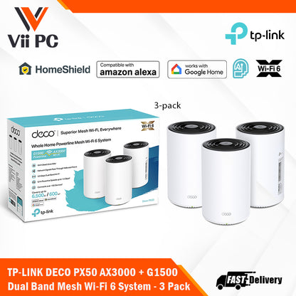 TP-LINK DECO PX50 AX3000 + G1500 Whole Home Powerline Mesh WiFi 6 System - 2/3 Pack