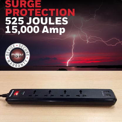 Honeywell 4 Out Surge Protector with Master Switch + 2 USB Value Series / 3 Years Warranty
