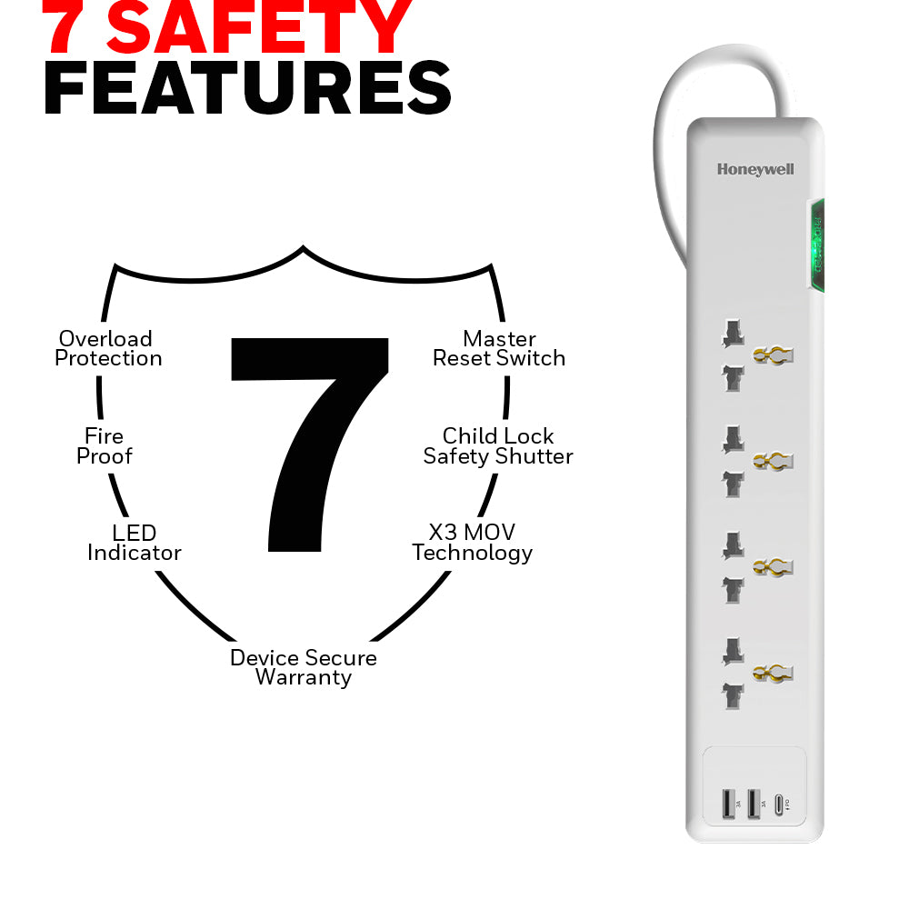Honeywell 4 Out Surge Protector PD20W with 2 USB Platinum Series / 3 Years Warranty