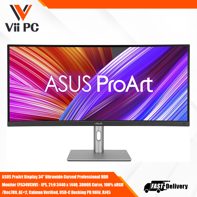 ASUS ProArt Display 34” Ultrawide Curved Professional HDR Monitor (PA34VCNV) - IPS, 21:9 3440 x 1440, 3800R Curve, 100% sRGB/Rec709, ΔE<2, Calman Verified, USB-C Docking PD 96W, RJ45