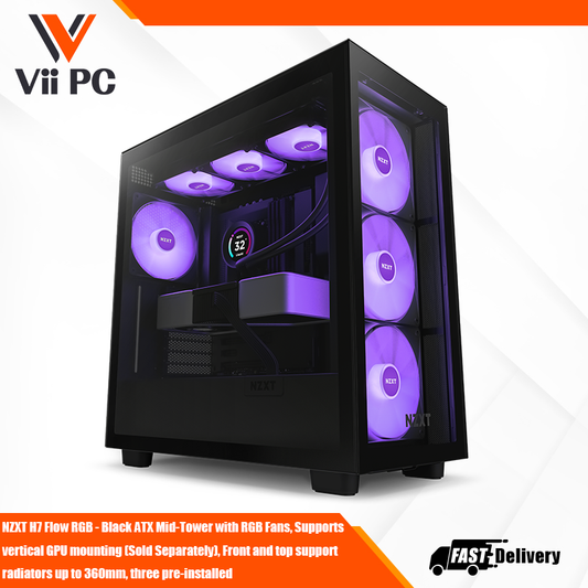NZXT H7 Flow RGB - Black ATX Mid-Tower with RGB Fans, Supports vertical GPU mounting (Sold Separately), Front &amp; top support radiators up to 360mm, three pre-installed F140 RGB Core fans (Case Version) &amp; one F120Q Quiet Airflow fan (Case Version)