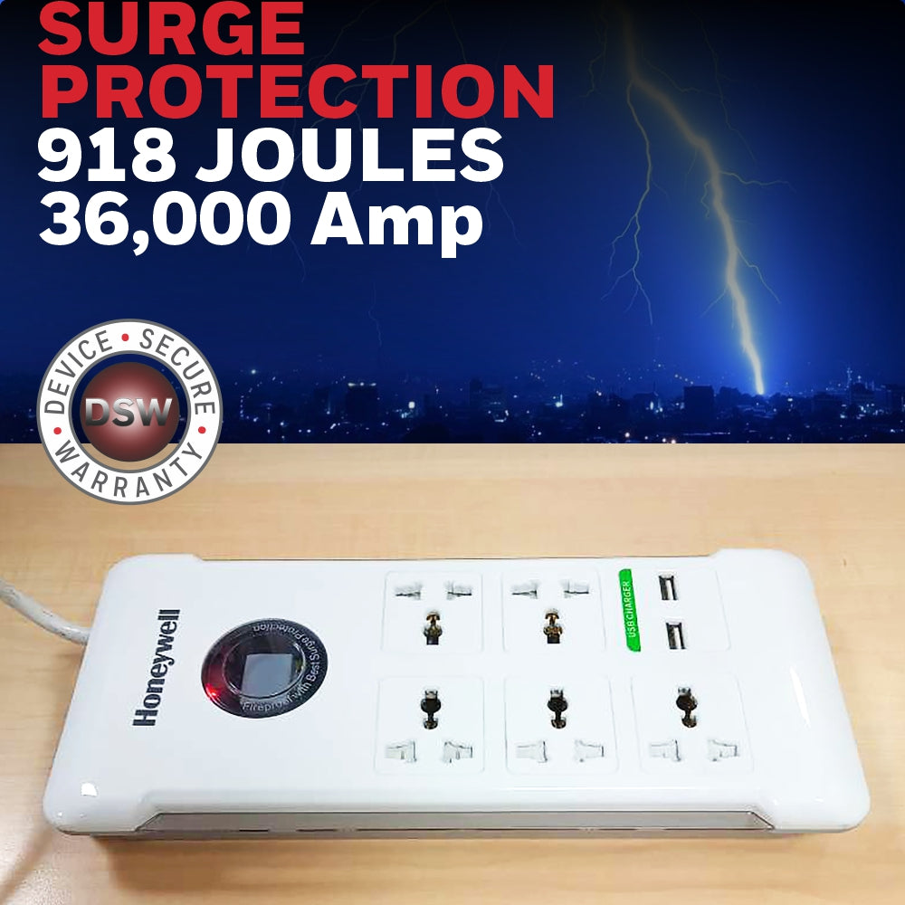 Honeywell 5 Out Surge Protector with Master Switch + 2 USB Platinum Series / 3 Years Warranty
