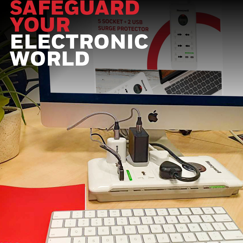 Honeywell 5 Out Surge Protector with Master Switch + 2 USB Platinum Series / 3 Years Warranty