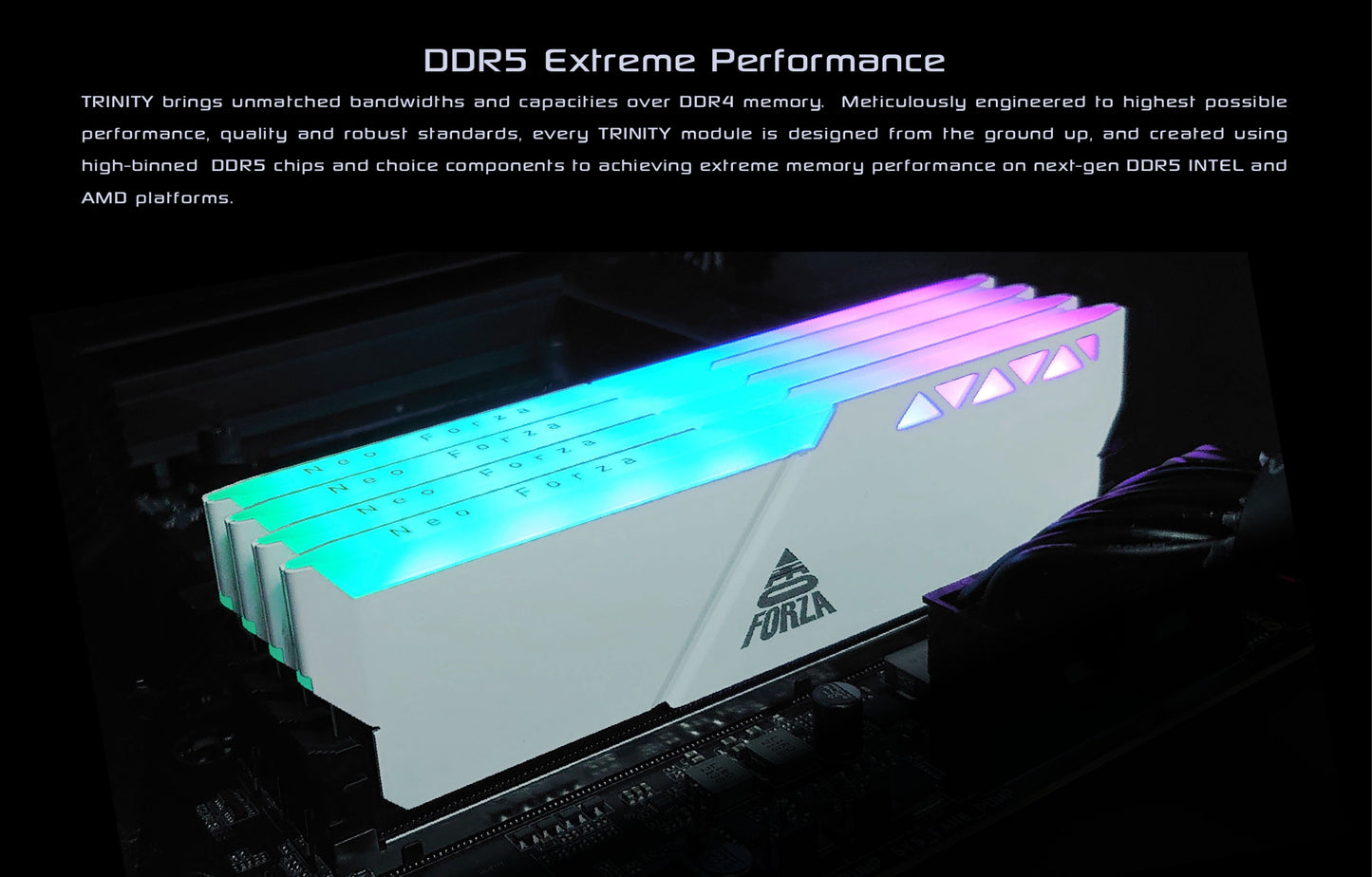 NEO FORZA TRINITY OVERCLOCKING BLACK/WHITE RGB DDR5 U-DIMM 32GB(2x16GB), 6000/6400/7200MHz, CL40/CL34, 1.3V/1.4V INTEL XMP 3.0 Support Kit