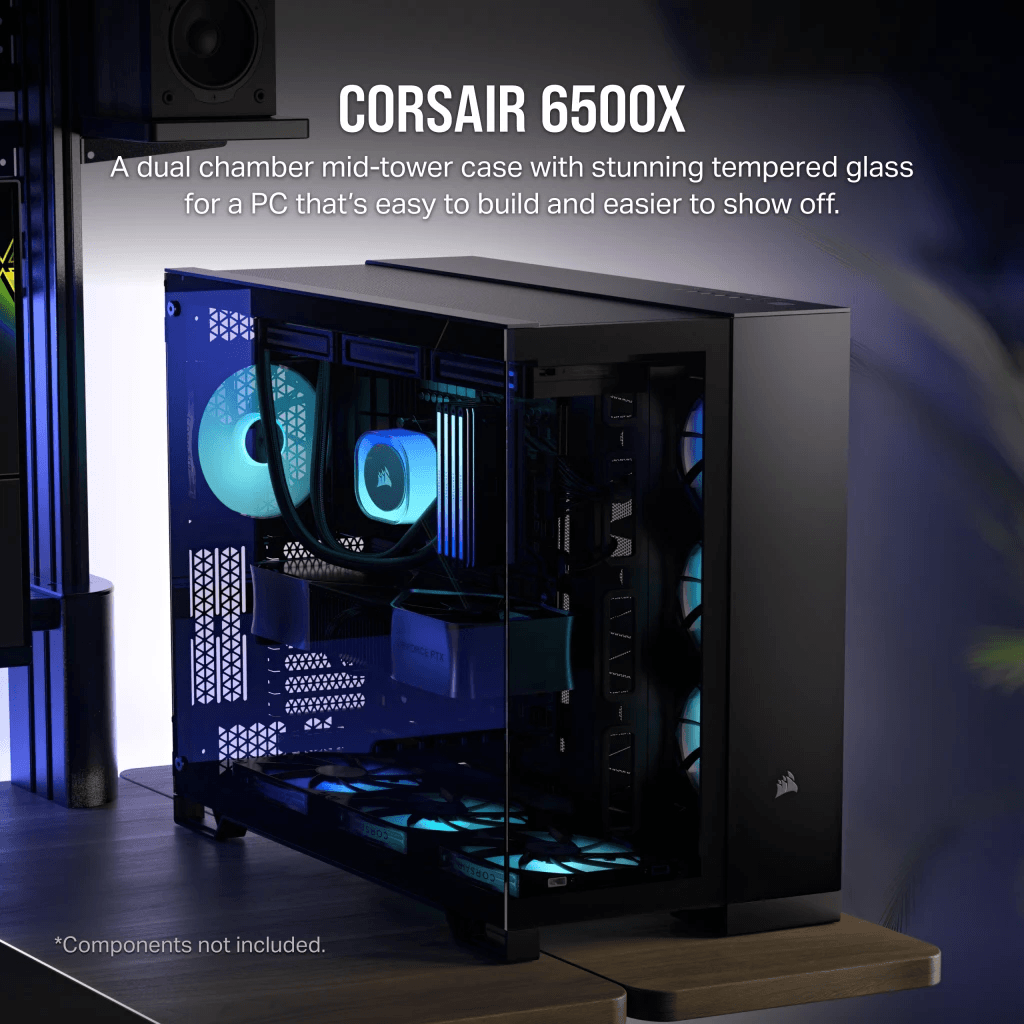 CORSAIR 6500X Mid-Tower Dual Chamber ATX PC Case - BLACK/WHITE, Tempered Glass, 8 horizontal + 3 vertical slots, Compatible with reverse connector motherboards, 2Yrs Wty