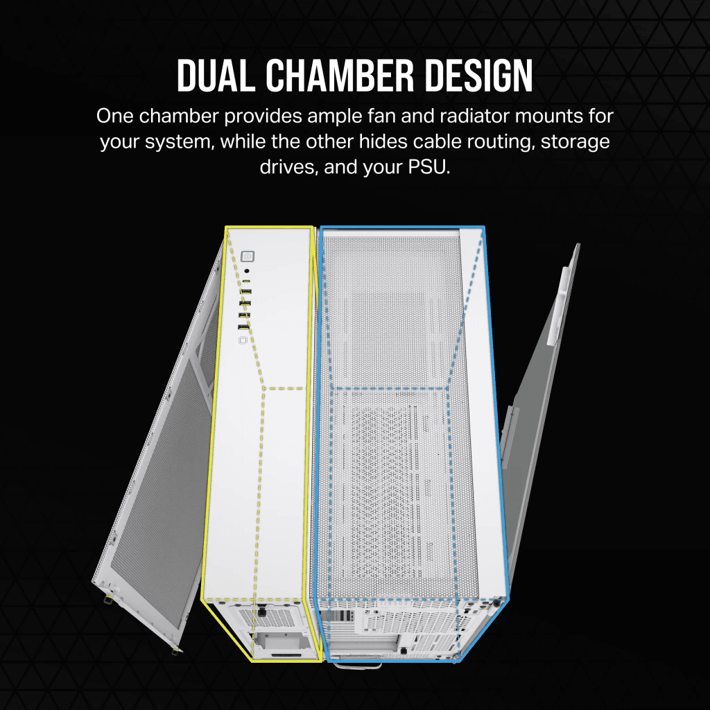 CORSAIR 6500X Mid-Tower Dual Chamber ATX PC Case - BLACK/WHITE, Tempered Glass, 8 horizontal + 3 vertical slots, Compatible with reverse connector motherboards, 2Yrs Wty