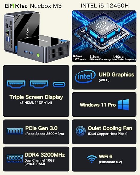 GMKtec NucBox M3 Black - Intel Core i5-12450H Processor (32GB RAM + 1TB SSD)