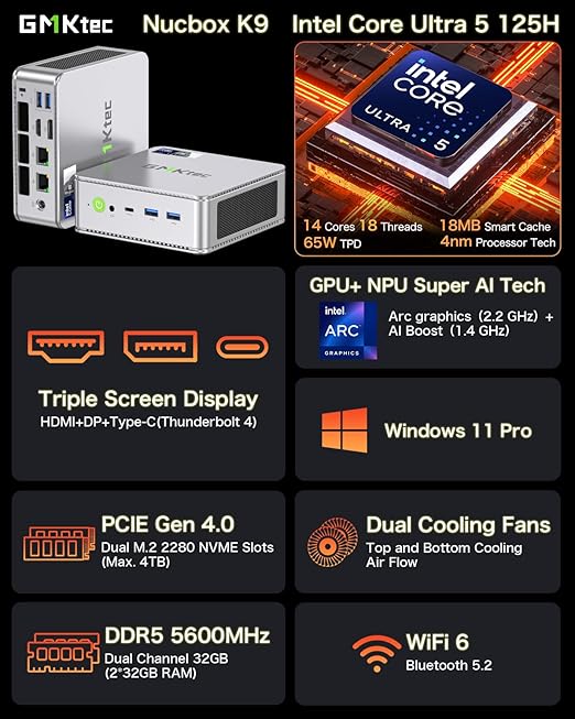 GMKtec NucBox K9 Silver - Intel Core Ultra 5 Processor (32GB RAM + 1TB SSD)