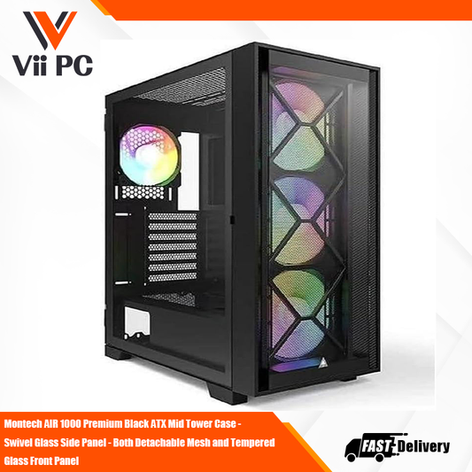 Montech AIR 1000 Premium Black ATX Mid Tower Case - Swivel Glass Side Panel - Both Detachable Mesh and Tempered  Glass Front Panel