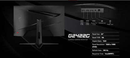 MSI G2422C Gaming Monitor - 23.6" FHD (1920x1080) Curved 1500R, VA Panel, 180hz, 1ms(MPRT), Adaptive Sync