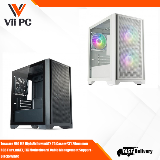 Tecware NEO M2 High Airflow mATX TG Case w/3*120mm non RGB Fans, mATX, ITX Motherboard, Cable Management Support - Black