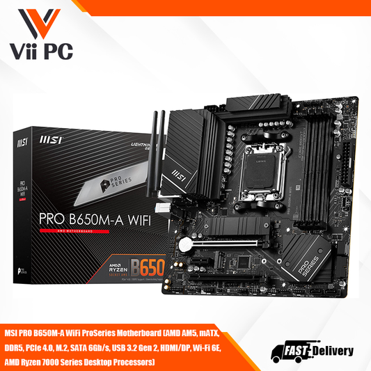 MSI PRO B650M-A WiFi ProSeries Motherboard (AMD AM5, mATX, DDR5, PCIe 4.0, M.2, SATA 6Gb/s, USB 3.2 Gen 2, HDMI/DP, Wi-Fi 6E, AMD Ryzen 7000 Series Desktop Processors)