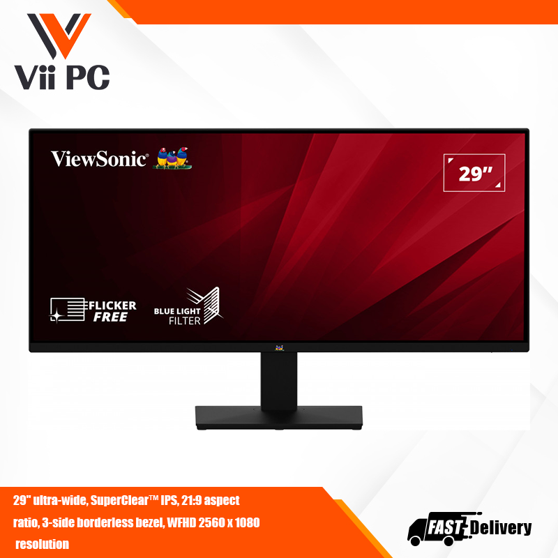 ViewSonic VA2932-MHD 29'' WFHD IPS Monitor with Frameless Design, 75Hz Refresh rate, Flicker-Free & Blue Light Filter, for Home and Office Use - Local Unit - Black