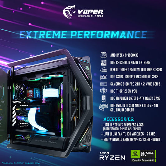 ViiPER Gaming PC (EXTREME PERFORMANCE) AMD Ryzen 9 9900X3D, ROG Crosshair X870E Extreme , ROG Astral GeForce RTX 5090 OC 32GB (Powered By ASUS)
