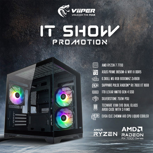 [IT SHOW 2025 Promotion] ViiPER Gaming PC AMD Ryzen 7 7700, ASUS PRIME B650M-A WIFI II DDR5, SAPPHIRE PULSE Radeon™ RX 7800 XT 16GB