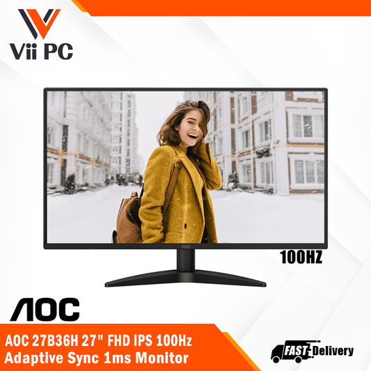 AOC 27B36H - 27" 100Hz IPS FHD Monitor, AdaptiveSync, 4ms GtG/1ms MPRT, Mega DCR, VGA, HDMI 1.4, Upgraded 3-Sided Frameless and VESA Mount