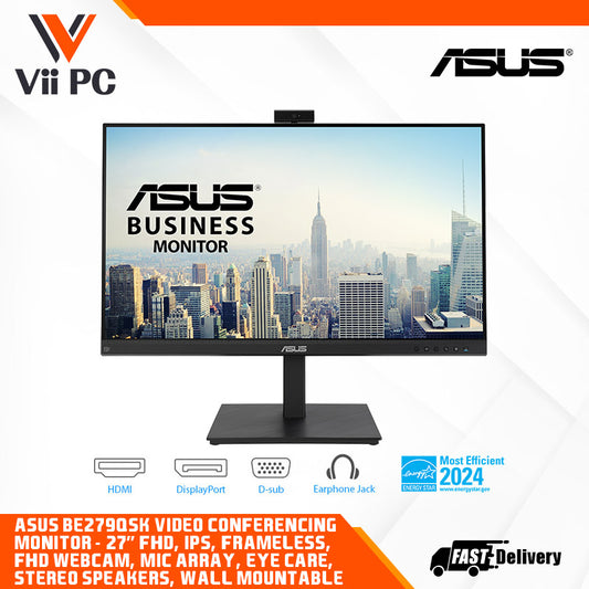 ASUS BE279QSK Video Conferencing Monitor - 27" FHD, IPS, Frameless, adjustable 2MP FHD Webcam, Mic Array, Stereo Speakers, Height Adjustable, Ergonomic Design, HDMI, Eye Care, Low Blue Light, Flicker Free, Wall Mountable