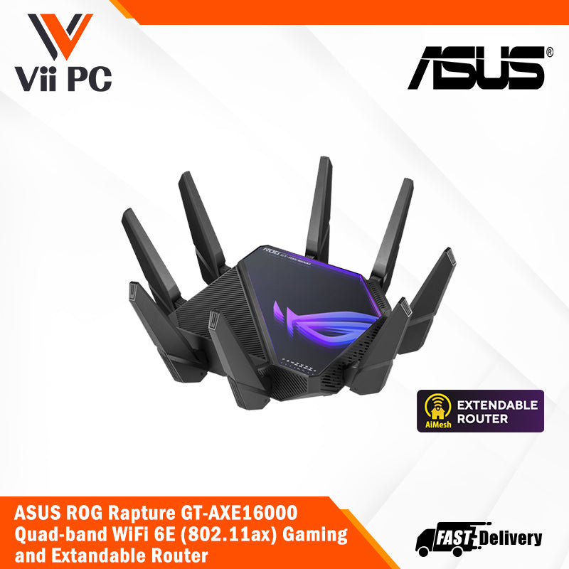 ASUS ROG Rapture GT-AXE16000 quad-band WiFi 6E (802.11ax) gaming router, new 6 GHz band, dual 10G ports, 2.5G WAN port, dual WAN, AiMesh support, VPN Fusion, Triple-level game acceleration and free network security