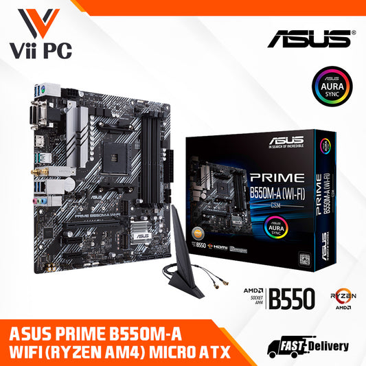 ASUS PRIME B550M-A WiFi II DDR4 AMD B550 (Ryzen AM4) micro ATX motherboard with dual M.2, PCIe 4.0, Intel® WiFi 6, 1 Gb Ethernet, HDMI/D-Sub/DVI, SATA 6 Gbps, USB 3.2 Gen 2 Type-A, and Aura Sync RGB headers support
