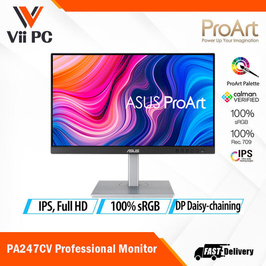 ASUS ProArt Display PA247CV Professional Monitor - 23.8" IPS, FHD (1920x1080), 100% sRGB, 100% Rec. 709, Color Accuracy ΔE<2, Calman Verified, USB-C, DisplayPort Daisy-chaining, ProArt Preset, ProArt Palette