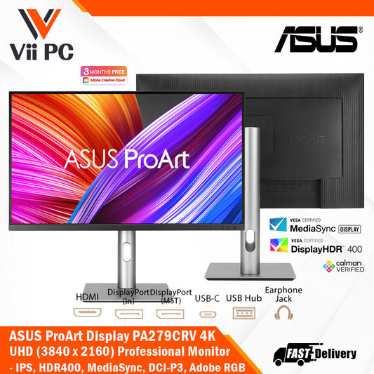 ASUS ProArt Display PA279CRV Professional Monitor - 27" IPS, 4K UHD (3840x2160), 99% DCI-P3, 99% Adobe RGB, Color Accuracy ΔE<2, Calman Verified, USB-C PD 96W, VESA DisplayHDR 400, VESA MediaSync, Ergonomic Stand