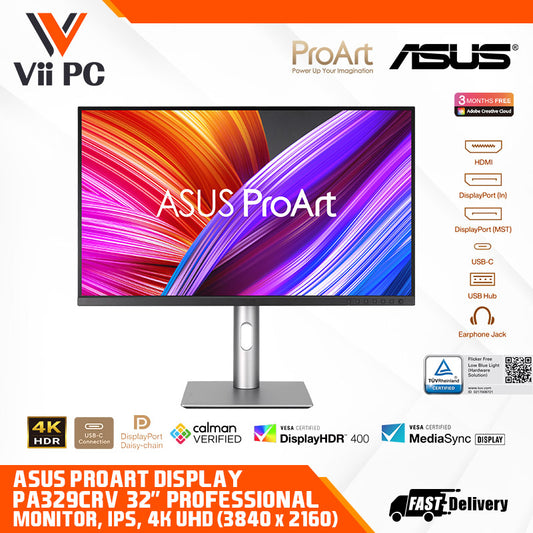 ASUS ProArt Display PA329CRV Professional Monitor - 32" IPS, 4K UHD (3840x2160), 98% DCI-P3, Color Accuracy ΔE<2, Calman Verified, USB-C PD 96W, VESA DisplayHDR 400, VESA MediaSync, Ergonomic Stand