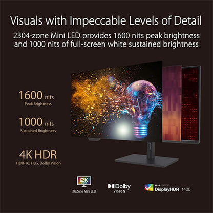 ASUS ProArt Display PA32UCXR Professional Monitor - 32" 4K UHD (3840x2160), Mini LED Backlight, Built-in Motorized Colorimeter, Dolby Vision, 99% Adobe RGB, 97% DCI-P3, ΔE<1, Thunderbolt™ 4 PD 90W, VESA DisplayHDR 1400, Hardware Calibration, Calman Ready