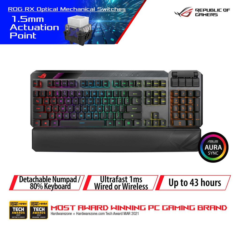 ASUS ROG Claymore II Wireless Modular Gaming Mechanical Keyboard [ROG RX BLUE Switches, detachable numpad & wrist rest]