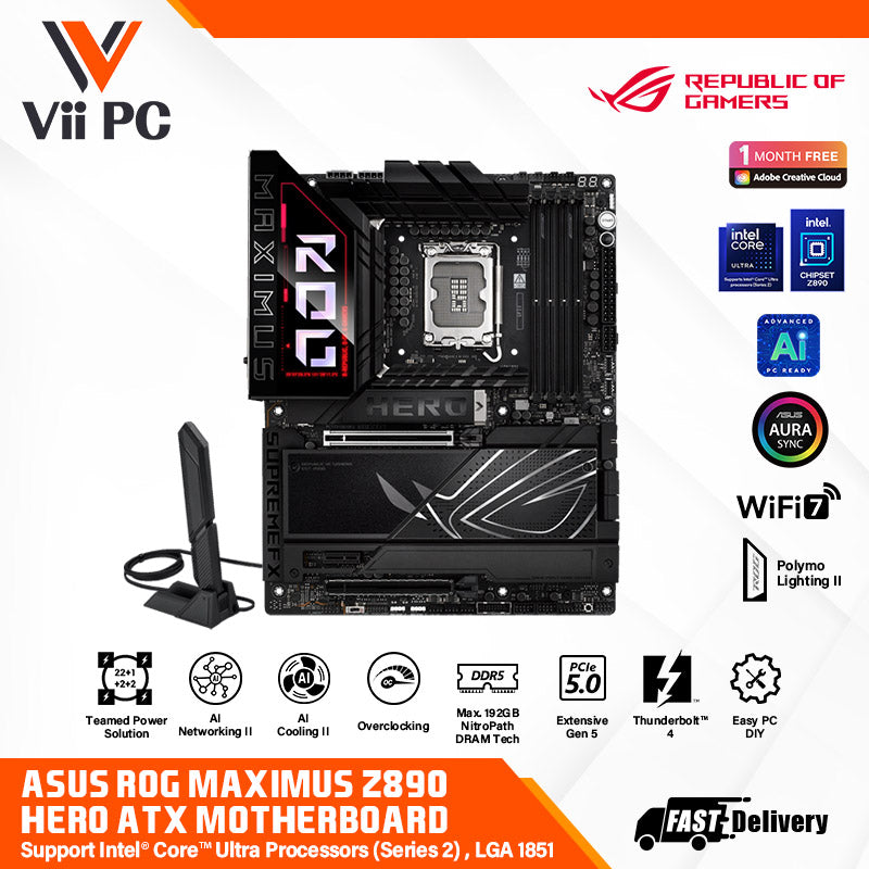 ASUS ROG MAXIMUS Z890 HERO - Support Intel® Core™ Ultra Processors (Series 2), LGA1851, DDR5, AI Networking II, Extensive Gen 5, WIFI 7, Polymo Lighting II - GAMING ATX Motherboard  (AI PC Ready)