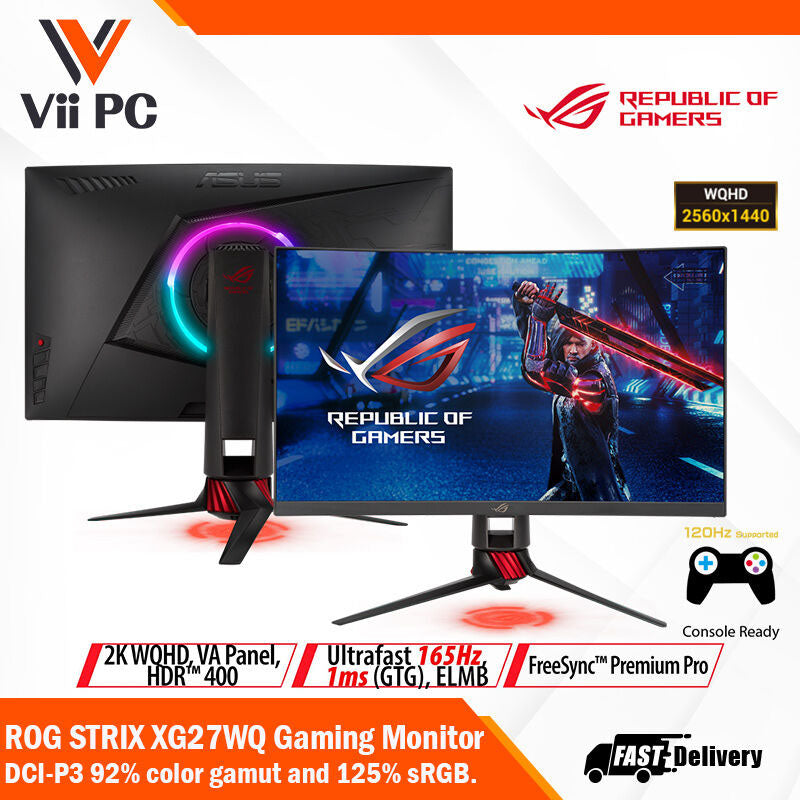 ASUS ROG Strix XG27WQ HDR Gaming Monitor - 27" WQHD (2560 x 1440), Native 165Hz (Above 144Hz), 1ms (MPRT), ELMB, FreeSync™ Premium Pro, DisplayHDR™ 400, Curved