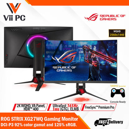 ASUS ROG Strix XG27WQ HDR Gaming Monitor - 27" WQHD (2560 x 1440), Native 165Hz (Above 144Hz), 1ms (MPRT), ELMB, FreeSync™ Premium Pro, DisplayHDR™ 400, Curved