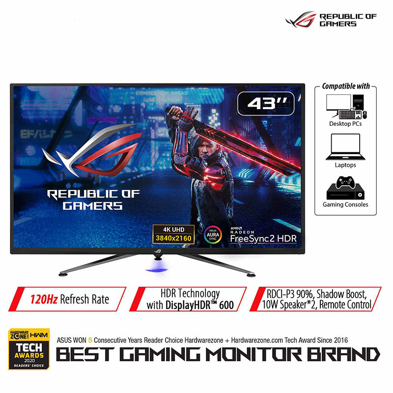 ASUS ROG Strix XG438Q HDR Large Gaming Monitor - 43", 4K (3840 x 2160), 120Hz, FreeSync™ 2 HDR, DisplayHDR™ 600, DCI-P3 90%, Shadow Boost, 10W Speaker*2, Remote Control