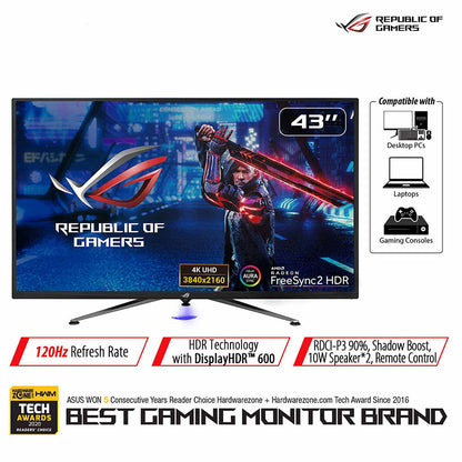 ASUS ROG Strix XG438Q HDR Large Gaming Monitor - 43", 4K (3840 x 2160), 120Hz, FreeSync™ 2 HDR, DisplayHDR™ 600, DCI-P3 90%, Shadow Boost, 10W Speaker*2, Remote Control