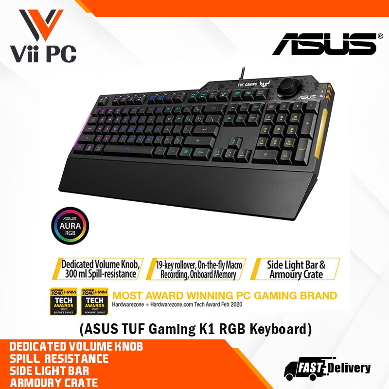 ASUS TUF Gaming K1 RGB keyboard with dedicated volume knob, spill-resistance, side light bar and Armoury Crate