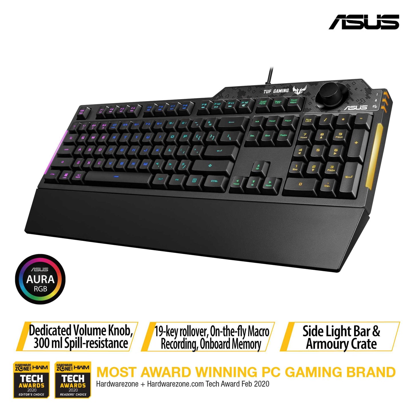 ASUS TUF Gaming K1 RGB keyboard with dedicated volume knob, spill-resistance, side light bar and Armoury Crate