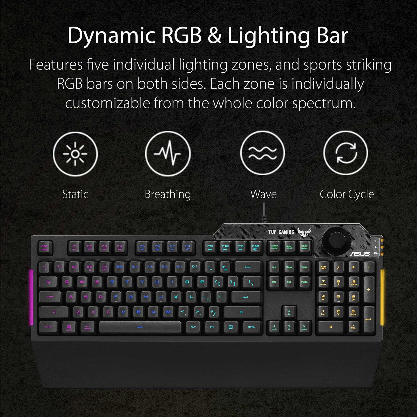 ASUS TUF Gaming K1 RGB keyboard with dedicated volume knob, spill-resistance, side light bar and Armoury Crate