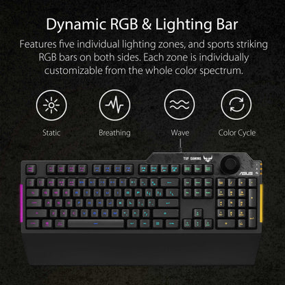 ASUS TUF Gaming K1 RGB keyboard with dedicated volume knob, spill-resistance, side light bar and Armoury Crate