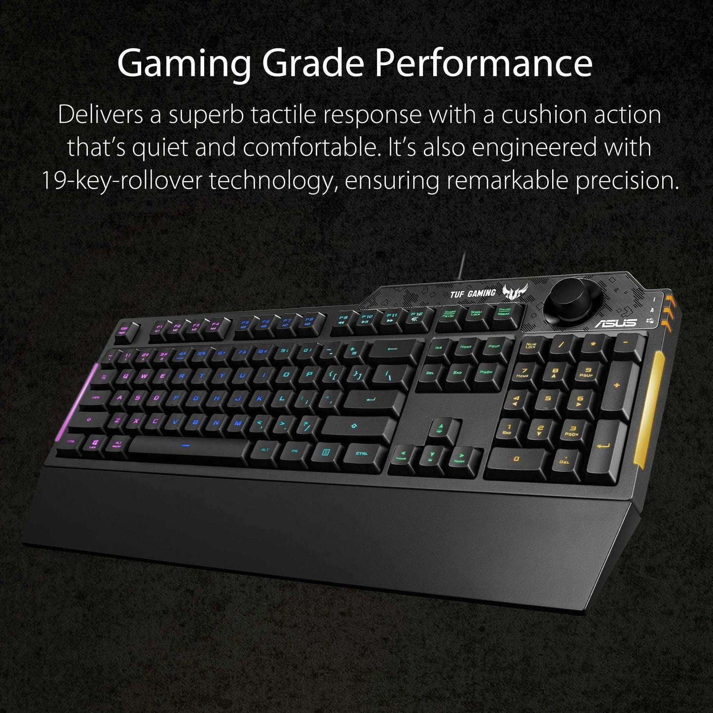 ASUS TUF Gaming K1 RGB keyboard with dedicated volume knob, spill-resistance, side light bar and Armoury Crate