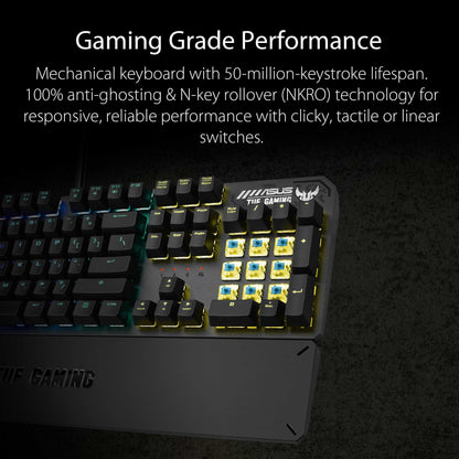 ASUS TUF Gaming K3 RGB mechanical keyboard with N-key rollover, combination media keys, USB 2.0 passthrough, aluminum-alloy top cover, wrist rest, eight programmable macro keys and Aura Sync lighting