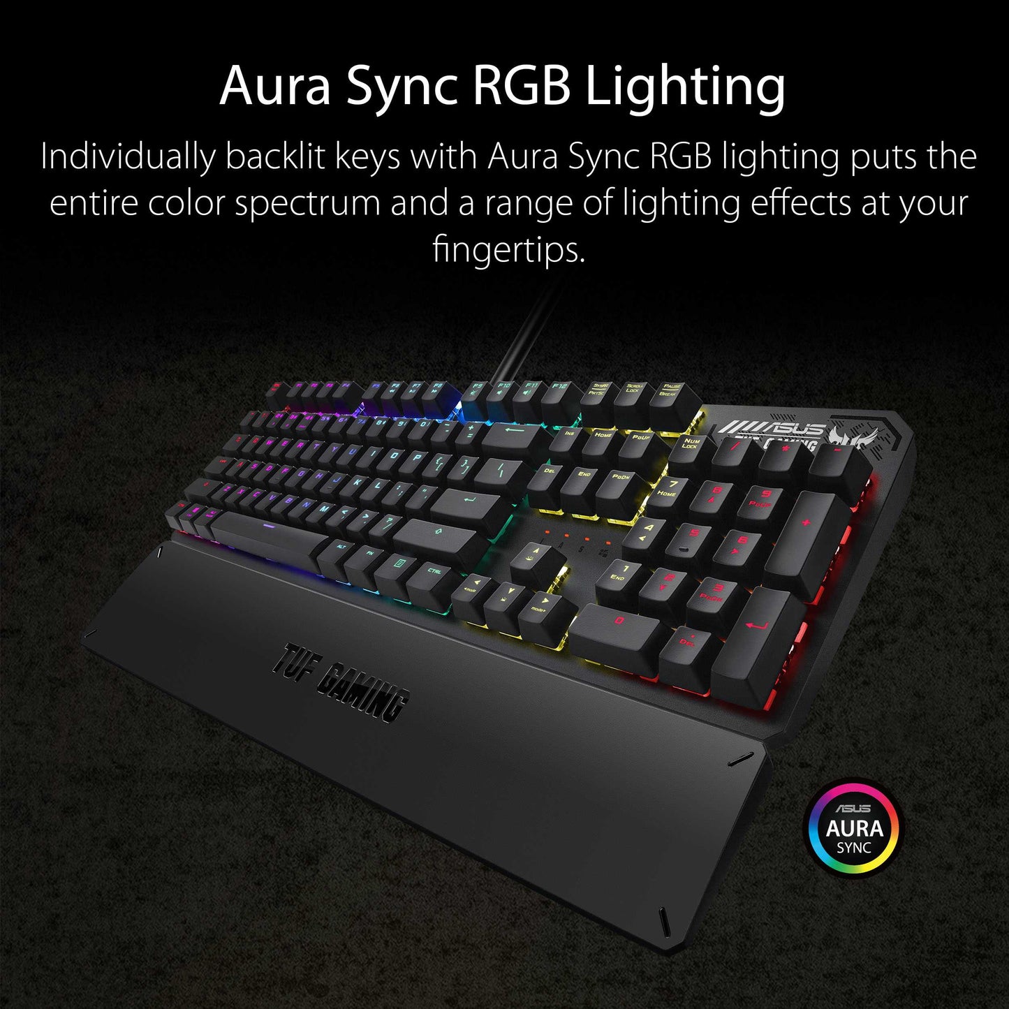 ASUS TUF Gaming K3 RGB mechanical keyboard with N-key rollover, combination media keys, USB 2.0 passthrough, aluminum-alloy top cover, wrist rest, eight programmable macro keys and Aura Sync lighting