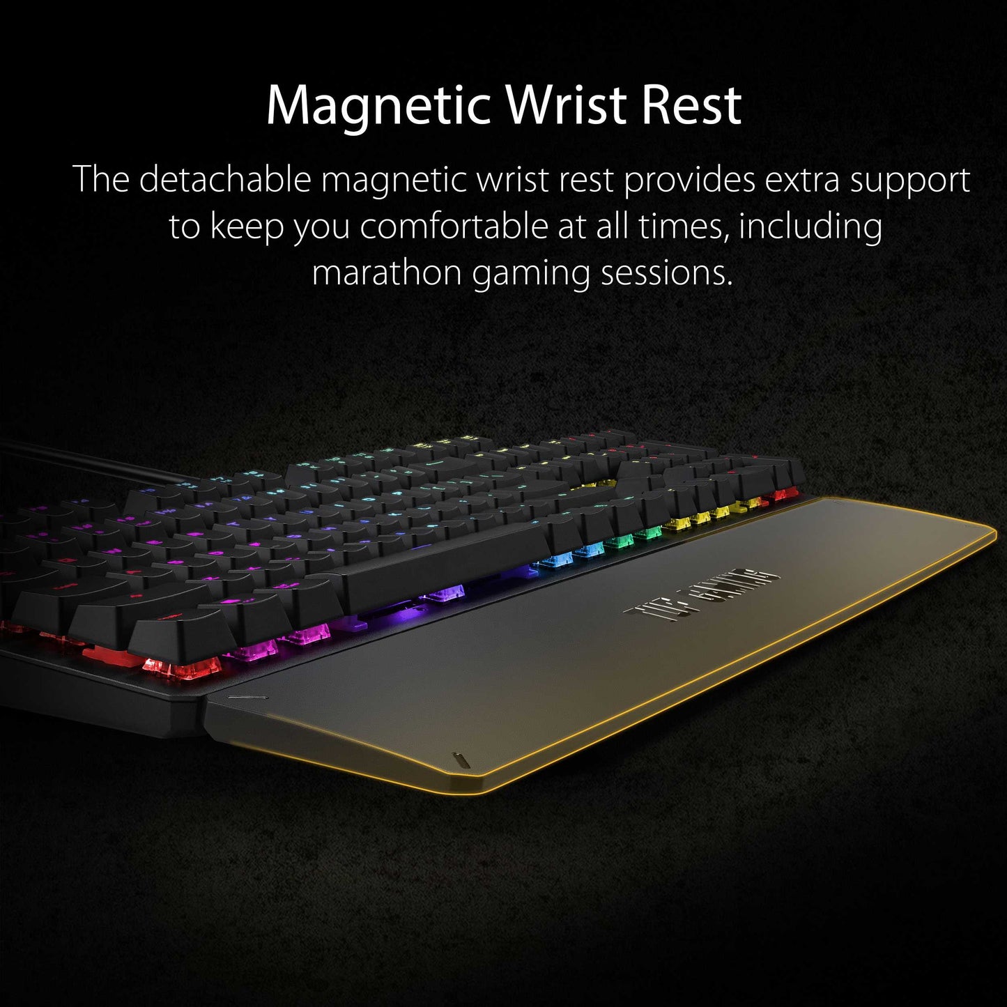 ASUS TUF Gaming K3 RGB mechanical keyboard with N-key rollover, combination media keys, USB 2.0 passthrough, aluminum-alloy top cover, wrist rest, eight programmable macro keys and Aura Sync lighting