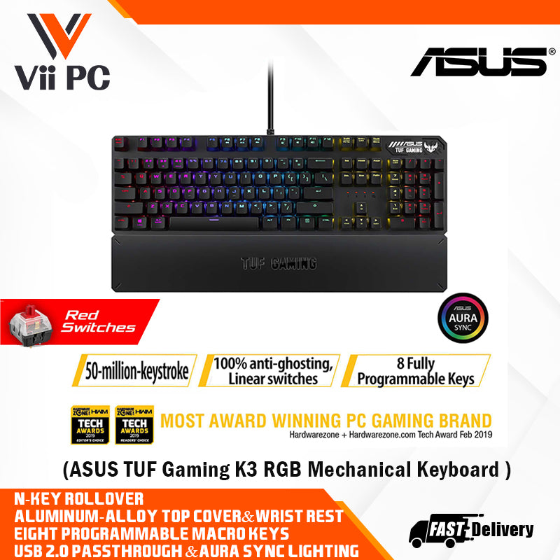 ASUS TUF Gaming K3 RGB mechanical keyboard with N-key rollover, combination media keys, USB 2.0 passthrough, aluminum-alloy top cover, wrist rest, eight programmable macro keys and Aura Sync lighting