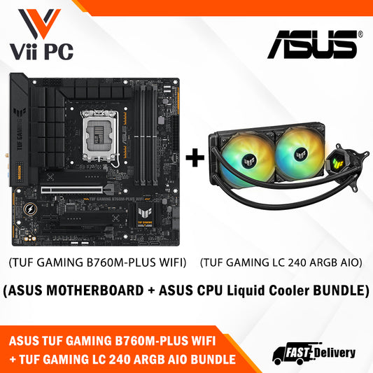 ASUS TUF GAMING LC 240 ARGB AIO CPU Liquid Cooler with Aura Sync and Dual TUF Gaming 120mm ARGB radiator fans + ASUS TUF GAMING B760M-PLUS WIFI 6 DDR5 Intel LGA1700 MATX Motherboard BUNDLE