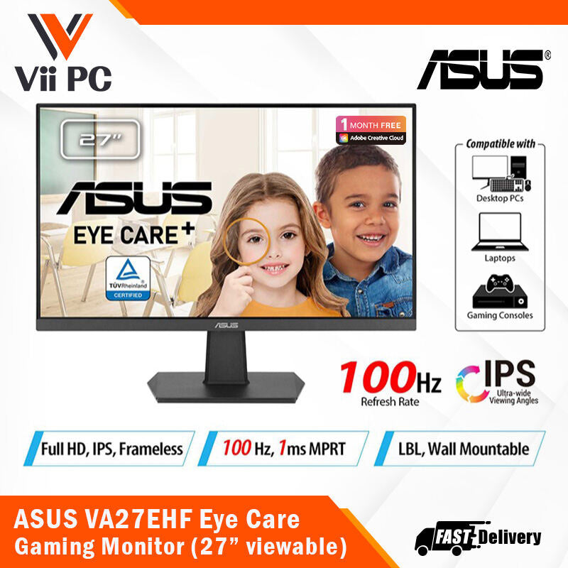ASUS VA27EHF Eye Care Gaming Monitor - 27" IPS, FHD, Frameless, 100Hz, Adaptive-Sync, 1ms MPRT, HDMI, Low Blue Light, Flicker Free, Wall Mountable